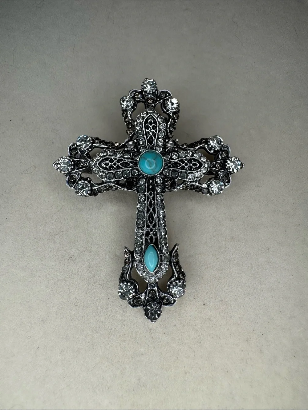 New Ornate Cross Pendant Brooch with Turquoise type stones